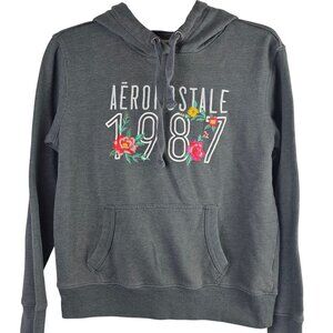 Y2K Style Hipster Aeropostale 1987 Floral Embroider Gray Hoodie Sweater Womens S